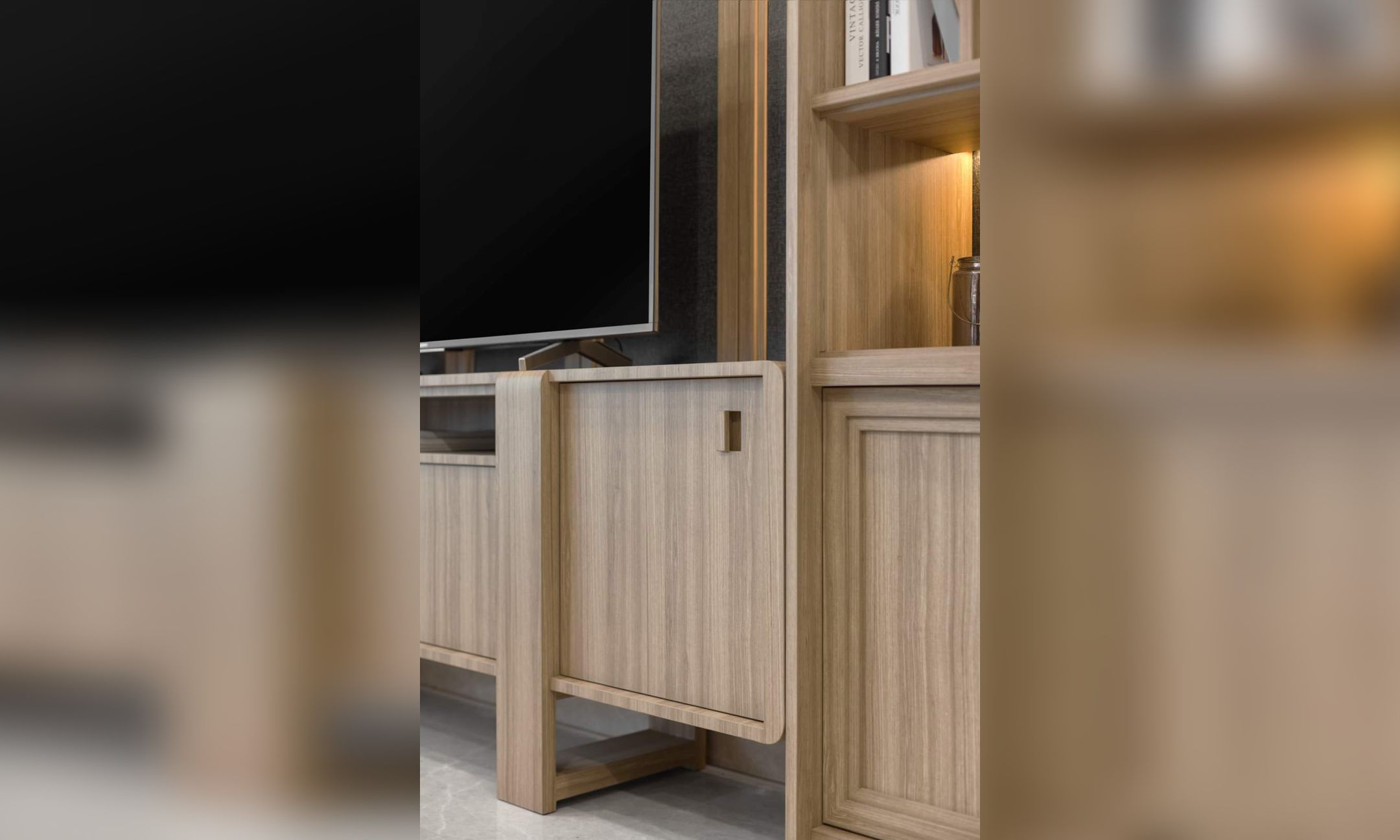 Interior Design Cabinet HPL Texture Kayu Wood Dope lighting Warm Panel TV